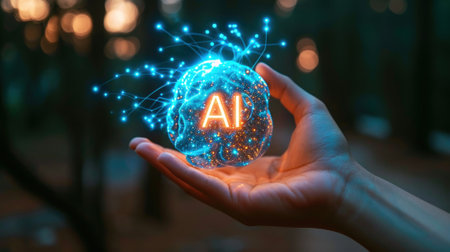 AI technology on human hand, artificial intelligence digital tool like brain on abstract dark background. Concept of data, tech, future, connect, innovation, research and computer learning. Generative AIの素材
