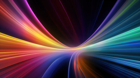 Abstract multicolored curve lines in dark space, perspective fast light trails in cyberspace. Digital energy motion on black background. Concept of neon, science, spectrum, color, data, speed. Generative AI.の素材