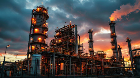 Factory in lights at sunset, scenery of oil and gas refinery plant or petrochemical industry. Chemical petroleum industrial buildings and sky. Concept of power, steel, chemistry, facility. Generative AIの素材