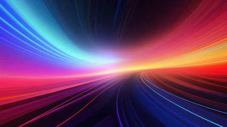 Abstract bright digital lines in dark space, glowing multicolored energy motion on black background. Cyberspace with fast light trails. Concept of neon, spectrum, color, data, science, speed. Generative AI.の素材