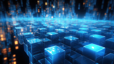 Digital space abstract background, dark cyberspace with data blocks and blue bright light. Concept of tech, texture, network, energy, secure technology and future. Generative AI.の素材