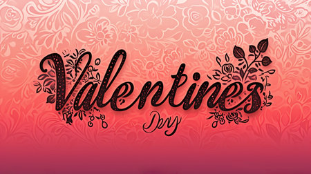 Happy Valentine`s Day card, luxury elegant text on patterned floral red background. Concept of lettering, design, love, banner, fashion. Generative AI.の素材