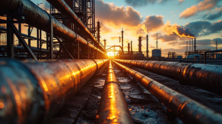 Factory pipeline at sunset, crude gas and oil pipes of refinery plant or petrochemical industry. Perspective view of industrial lines, sun and sky. Concept of energy, power, production. Generative AIの素材