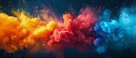 Splash or explosion of multicolored paint on black background, swirl of watercolor or colored powder, abstract pattern of bright colorful water. Concept of spectrum, banner wide, holi, liquid. Generative AIの素材
