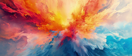 Splash or explosion of multicolored paint, swirl of watercolor or colored powder, abstract pattern background. Banner with bright burst of colorful water. Concept of spectrum, holi, liquid, explode. Generative AIの素材
