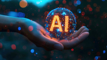 AI on human hand, abstract glowing shape of artificial intelligence on dark background. Futuristic technology and future. Concept of data, tech, innovation, research and computer. Generative AIの素材