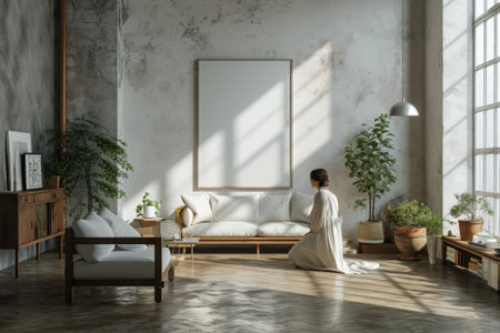 Frame mockup picture on grungy wall and woman praying in front of him in living room, minimalist Scandinavian interior with blank poster. Concept of vintage home design, sunlight, daylight, eco. Generative AI.の素材