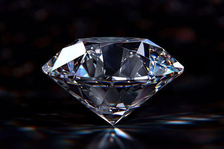 One luxury diamond on black background, shiny brilliant sparkle on dark desk, white gemstone with reflections. Concept of jewel, jewelry, gem, gift, natural precious stone, crystal, fashion. Generative AIの素材