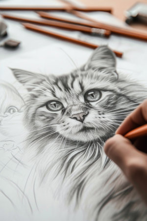 Pencil drawing cat on paper sheet and hand of artist, photorealistic face of cute pet, illustration. Painted animal portrait on white background. Concept of design, art, table, nature, sketch. Generative AI.の素材