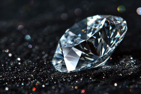 Shiny diamond on black background, one luxury brilliant sparkle on dark desk, white gemstone with reflections. Concept of jewel, jewelry, gem, gift, natural precious stone, crystal, fashion. Generative AIの素材
