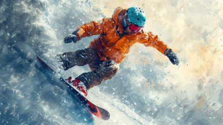 Snowboarder slides at ski slope spraying snow powder, man in orange jacket rides snowboard in winter. Concept of sport, splash, watercolor, extreme. Generative AIの素材