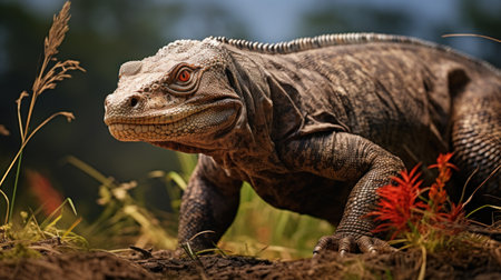 Komodo dragon close-up, portrait of big monitor lizard, wild reptile as ancient dinosaur in jungle. Concept of wildlife, nature, animal skin, Indonesia, wilderness, fauna. Generative AIの素材