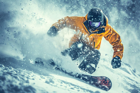 Snowboarder in action, man in yellow jacket slides at ski slope spraying snow powder. Concept of snowboard, winter, sport, splash, extreme. Generative AIの素材