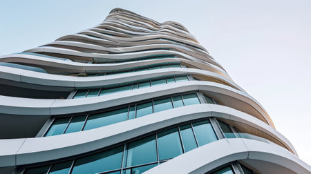 Modern office building with wavy futuristic design, low angle view of abstract curve lines on sky background. Geometric facade with glass and steel. Concept of architecture exterior, business. Generative AI.の素材