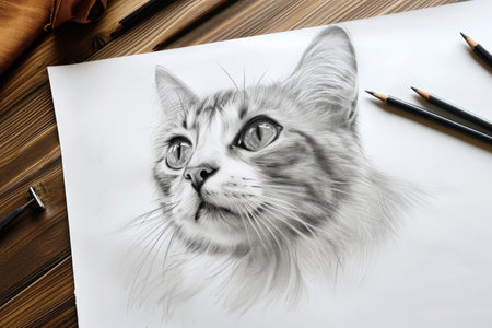 Pencil drawing cute cat on paper sheet, photorealistic portrait of pet, illustration. Painted animal face on white background. Concept of design, art, pet table, nature, sketch. Generative AI.の素材