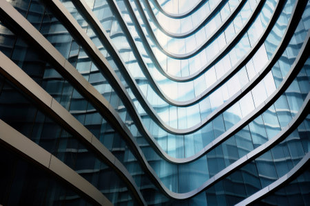 Modern tall city building with wavy futuristic design, low angle view of abstract curve lines. Geometric facade with glass and steel. Concept of architecture exterior, business, office. Generative AI.の素材