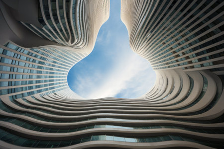 Modern office building with geometric futuristic design, bottom view of curve courtyard-well and sky. Abstract wavy facade with glass and steel. Concept of architecture, exterior, business. Generative AIの素材