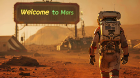 Astronaut walks to Mars base with digital Welcome sign, spaceman overlooking Martian landscape. Concept of sci-fi, technology, science, space travel, colony, future, mission. Generative AIの素材