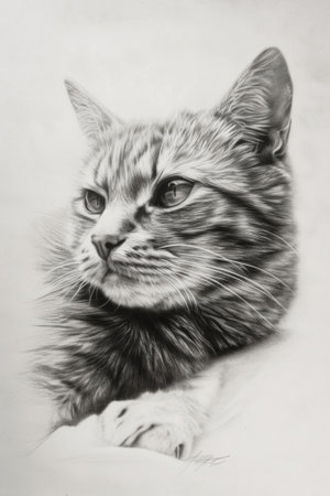 Pencil drawing cat on white background, photorealistic isolated portrait of cute pet, illustration. Animal face painted on paper sheet. Concept of design, vintage, art, pet, nature, sketch. Generative AI.の素材