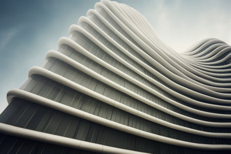 Modern office building with wavy futuristic design, low angle view of curve lines on sky background. Abstract geometric facade with glass and steel. Concept of shape, exterior, business. Generative AI.の素材