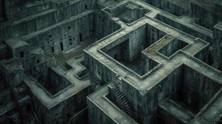Dark old concrete walls maze, vintage endless labyrinth, grungy gray surreal building. Concept of puzzle, problem, uncertainty, background, illustration, pattern, travel and solution. Generative AI.の素材