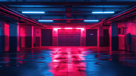 Dark neon parking background, perspective of empty modern garage. Futuristic design of underground hall with led red and blue lighting, abstract room interior. Concept of door, warehouse. Generative AI.の素材