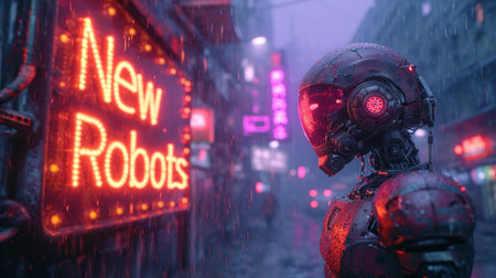 Sad robot looks at neon sign New Robots on cyberpunk city street, gloomy futuristic town with low light in rain. Concept of dystopia, technology, upgrade, night, feelings, emotion and future. Generative AI.の素材