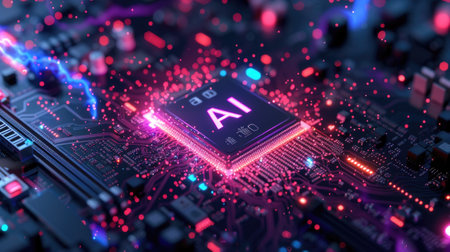 CPU chips circuit board, AI processor and microchips. Core of artificial intelligence machine with neon light of energy and power. Concept of computer technology, data, future, semiconductor. Generative AIの素材