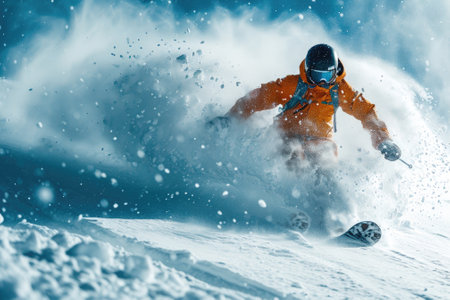 Skier in orange jacket on mountain slope on snowy background, man in mask skiing downhill spraying snow in winter. Concept of sport, splash, extreme, powder, resort, piste, speed and travel. Generative AIの素材