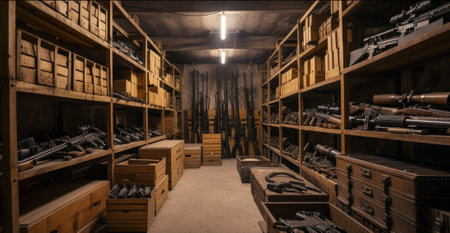Weapon in military store, wooden boxes of guns inside dark warehouse. Illegal smuggle arsenal of firearms. Concept of war, industry, violence, shop, package, background, security and crime. Generative AI.の素材
