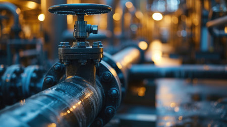 Black factory pipeline with valve close-up, crude gas and oil pipes of refinery plant or petrochemical industry. Scenery of steel industrial tube lines. Concept of energy, power, production. Generative AIの素材