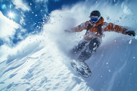 Snowboarder going down ski slope on snow background, man in mask rides snowboard spraying powder in winter. Concept of sport, extreme, speed, downhill, piste, splash and travel. Generative AIの素材