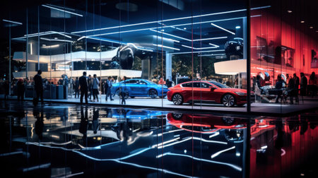 Luxury new cars inside store at night, modern shiny vehicles view through window of dealership on city street. Urban reflections and neon lights background. Concept of sport, technology, design. Generative AI.の素材