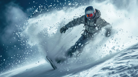Snowboarder going down mountain ski slope on snow background, man in mask rides snowboard with splash of powder in winter. Concept of sport, extreme, speed, downhill, piste and travel. Generative AIの素材