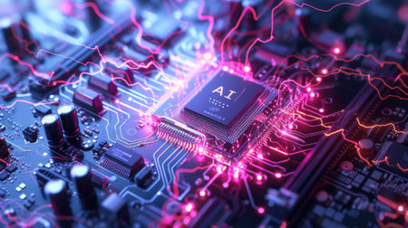 CPU chips circuit board, shiny AI processor and microchips. Core of artificial intelligence machine with light of energy and power. Concept of computer technology, data, future, semiconductor. Generative AIの素材