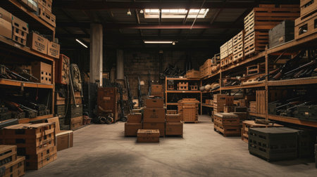 Modern weapon at dark vintage storage, guns stored in old military warehouse. Illegal smuggle arsenal of firearms. Concept of war, industry, shop, package, violence, security and crime. Generative AI.の素材
