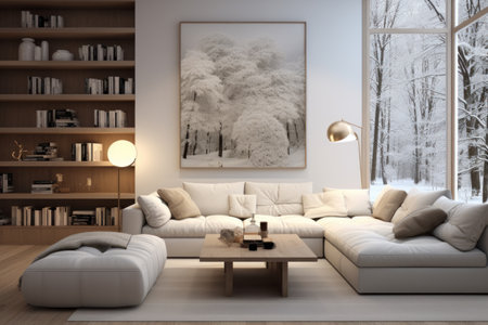 Modern home interior with photo picture on white wall and wood shelves. Contemporary living room of house with couch and carpet in winter. Concept of poster, Scandinavian minimalist design. Generative AI.の素材
