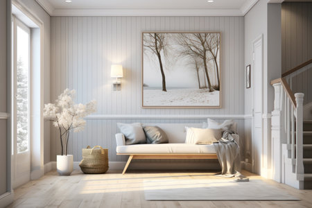 Modern home interior with poster on white wooden wall and couch. Contemporary light hallway of house and stairs. Concept of wood, entrance hall, Scandinavian minimalist design. Generative AI.の素材