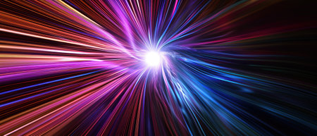 Abstract multicolored curve lines in dark space, perspective fast light trails in cyberspace. Digital energy motion on black background. Concept of neon, science, technology, color, data, speed. Generative AIの素材