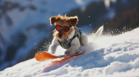 Funny dog snowboarder going down ski slope in winter, pet in sunglasses rides snowboard with splash of snow powder. Concept of sport, extreme, resort, mountain, vacation, spray and travel. Generative AIの素材
