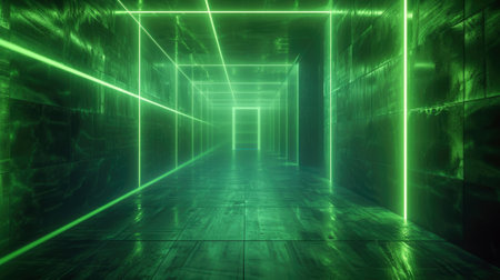 Futuristic concrete tunnel background, perspective of dark hallway and lines of green neon light. Modern empty grungy abstract garage. Concept of cyberpunk room, hall interior, scene, studio. Generative AI.の素材