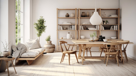Home interior with wooden furniture, minimalist living room with white walls. Light wood design and rustic decor. Concept of Scandinavian style, cozy house. Generative AI.の素材