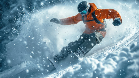 Skier in mask going down mountain slope on snowy background, man in orange jacket skiing downhill spraying snow in winter. Concept of sport, splash, extreme, powder, resort, piste and travel. Generative AIの素材