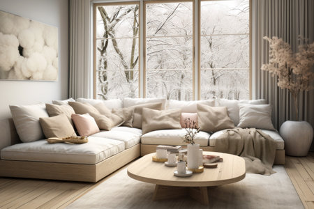 Modern home interior with white walls and luxury couch. Contemporary living room of house with window and carpet in winter. Concept of poster, light Scandinavian minimalist design. Generative AI.の素材