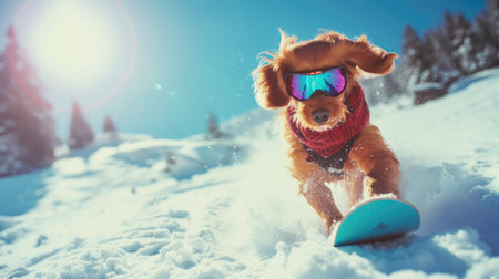 Funny dog snowboarder going down ski slope in winter, pet in mask rides snowboard with splash of snow powder. Concept of sport, extreme, resort, mountain, vacation, spray and travel. Generative AIの素材