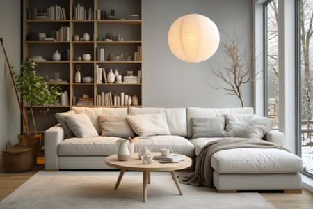 Modern home interior with white walls, paper lamp and light couch. Contemporary living room of house with window and carpet in winter. Concept of wood, Scandinavian minimalist design. Generative AI.の素材