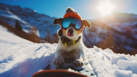 Portrait of dog on snowboard on ski slope in winter, funny pet in sunglasses and hat poses for photo on mountain background. Concept of sport, snow, extreme, resort, vacation and travel. Generative AIの素材