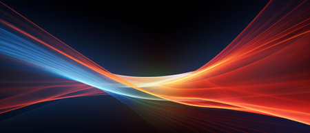 Multicolored neon curve lines on black background, digital glowing energy. Abstract pattern of colored waves of light in cyberspace. Concept of tech, trail, speed, spectrum, data. Generative AIの素材