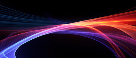 Multicolored neon curve lines isolated on black background, digital glowing energy. Abstract pattern of colored waves of light in cyberspace. Concept of tech, trail, speed, technology, data. Generative AIの素材