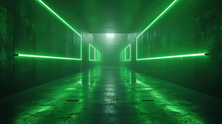 Modern concrete tunnel background, perspective view of dark garage and lines of green neon light. Futuristic empty grungy abstract hallway. Concept of cyberpunk room, hall interior, studio. Generative AI.の素材